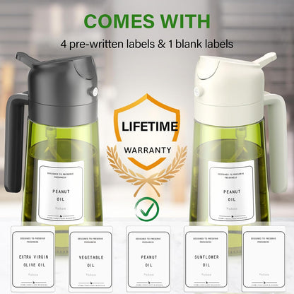 2 in 1 Oil Sprayer and Oil Dispenser for Kitchen - 16oz/470ml Light-Blocking Dark Glass Olive Oil Spray Bottle for Cooking, Air Fryer, Salad & BBQ (Black&Green)