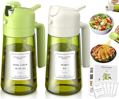 2 in 1 Oil Sprayer and Oil Dispenser for Kitchen - 16oz/470ml Light-Blocking Dark Glass Olive Oil Spray Bottle for Cooking, Air Fryer, Salad & BBQ (Black&Green)