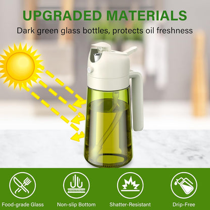 2 in 1 Oil Sprayer and Oil Dispenser for Kitchen - 16oz/470ml Light-Blocking Dark Glass Olive Oil Spray Bottle for Cooking, Air Fryer, Salad & BBQ (Black&Green)
