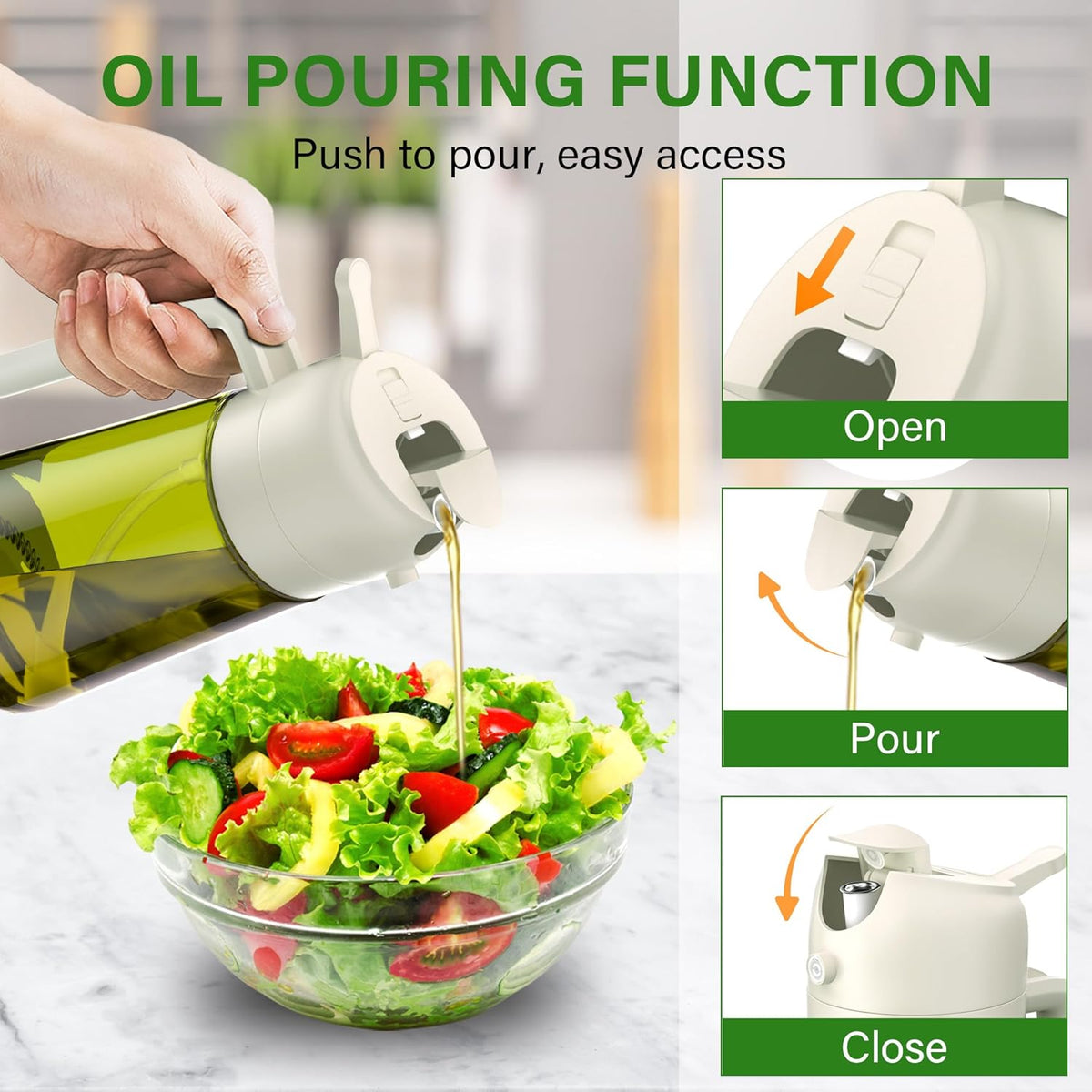 2 in 1 Oil Sprayer and Oil Dispenser for Kitchen - 16oz/470ml Light-Blocking Dark Glass Olive Oil Spray Bottle for Cooking, Air Fryer, Salad & BBQ (Black&Green)