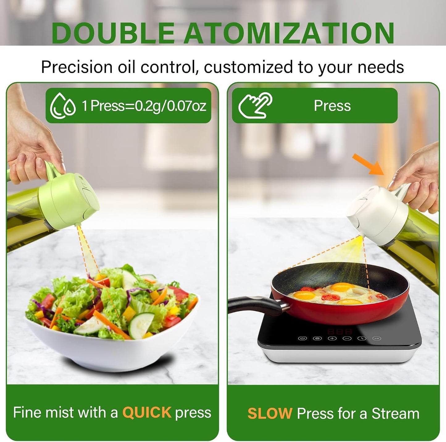 2 in 1 Oil Sprayer and Oil Dispenser for Kitchen - 16oz/470ml Light-Blocking Dark Glass Olive Oil Spray Bottle for Cooking, Air Fryer, Salad & BBQ (Black&Green)