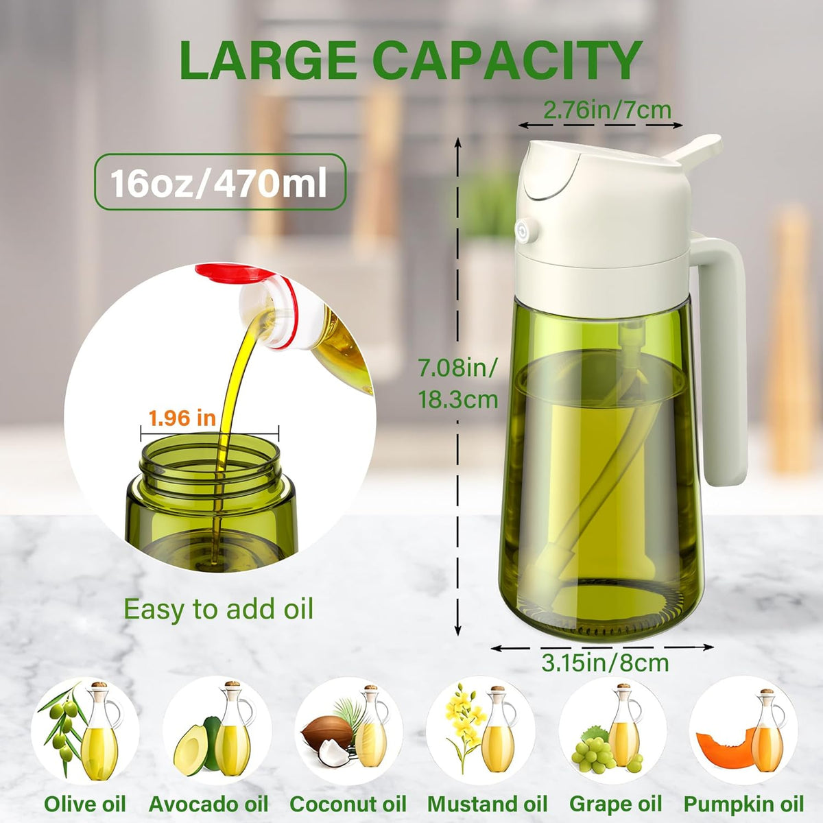 2 in 1 Oil Sprayer and Oil Dispenser for Kitchen - 16oz/470ml Light-Blocking Dark Glass Olive Oil Spray Bottle for Cooking, Air Fryer, Salad & BBQ (Black&Green)