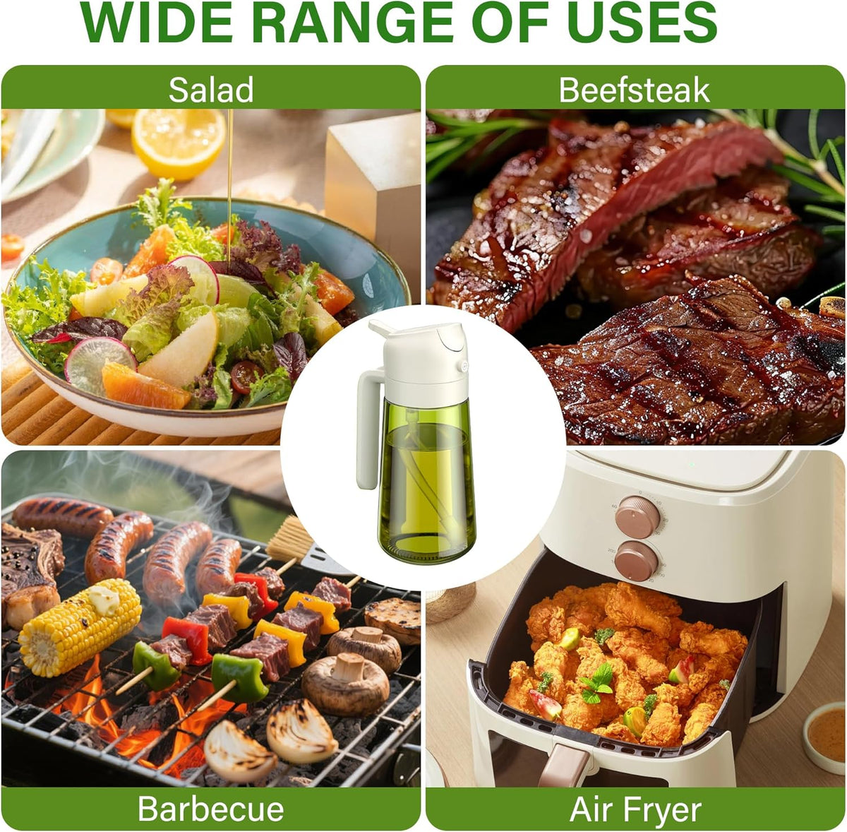 2 in 1 Oil Sprayer and Oil Dispenser for Kitchen - 16oz/470ml Light-Blocking Dark Glass Olive Oil Spray Bottle for Cooking, Air Fryer, Salad & BBQ (Black&Green)