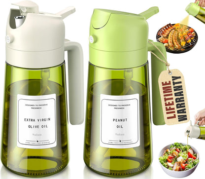 2 in 1 Oil Sprayer and Oil Dispenser for Kitchen - 16oz/470ml Light-Blocking Dark Glass Olive Oil Spray Bottle for Cooking, Air Fryer, Salad & BBQ (Black&Green)