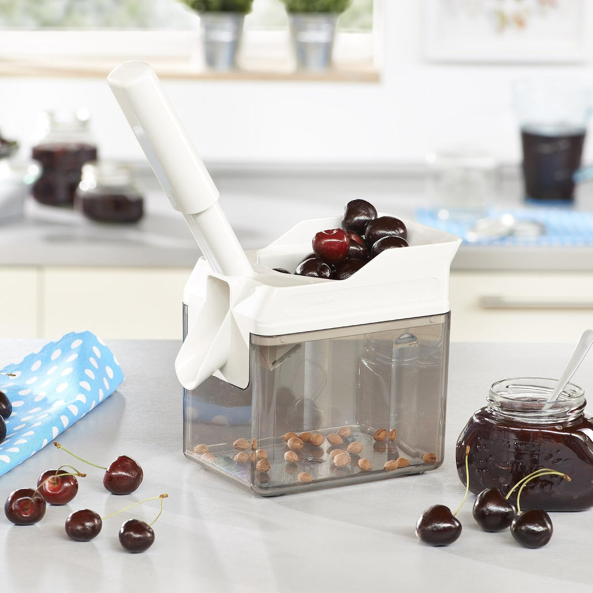 Cherry Stoner Remover – Stainless Steel Plunger Pits 25 Lbs/Hour, Easy-Clean Container, Dishwasher Safe, Ideal for Pies, Canning, Snacking, German Design, Replacement Parts – White