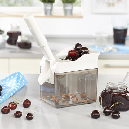 Cherry Stoner Remover – Stainless Steel Plunger Pits 25 Lbs/Hour, Easy-Clean Container, Dishwasher Safe, Ideal for Pies, Canning, Snacking, German Design, Replacement Parts – White