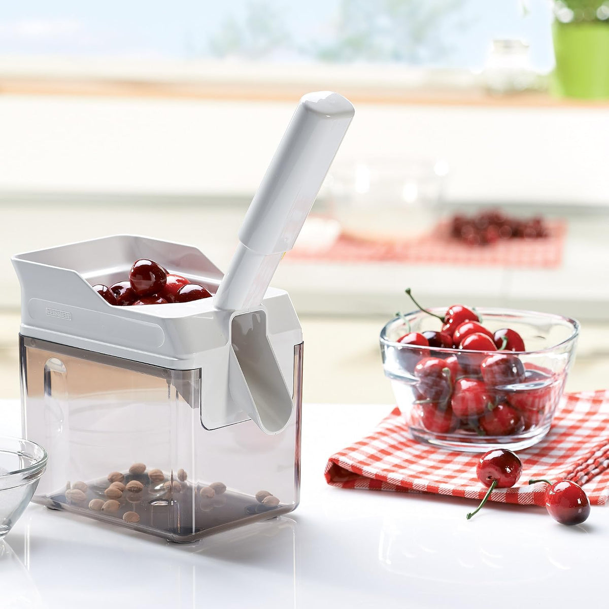Cherry Stoner Remover – Stainless Steel Plunger Pits 25 Lbs/Hour, Easy-Clean Container, Dishwasher Safe, Ideal for Pies, Canning, Snacking, German Design, Replacement Parts – White