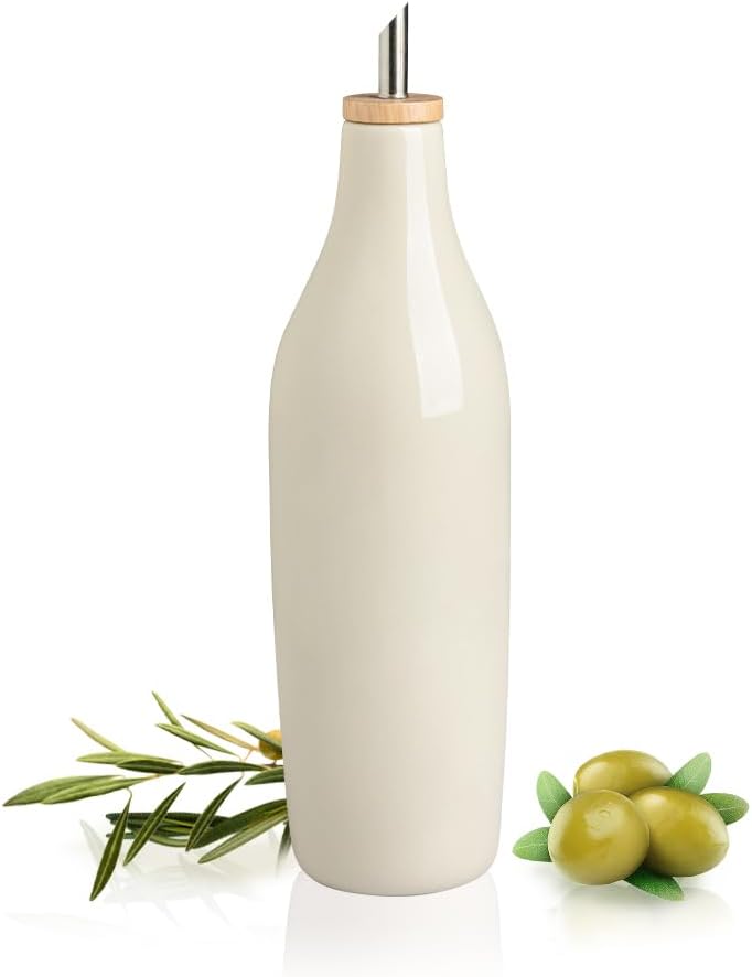 Sweejar Ceramic Olive Oil Dispenser Bottle, 17 FLOZ Oil Bottle with Spout，Porcelain Oil Dispenser for Kitchen,Cooking, Evoo, Vinegar, Soy Sauce, Pack of 1 (Beige)
