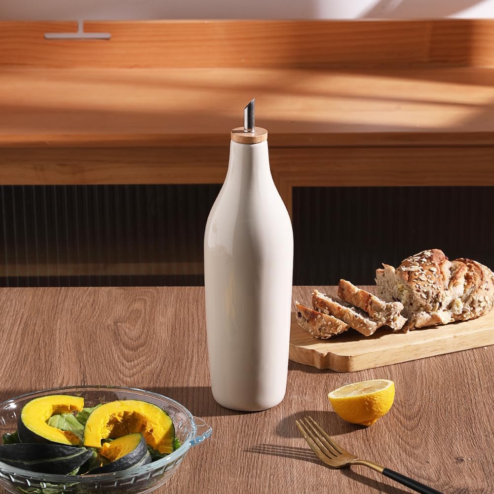 Sweejar Ceramic Olive Oil Dispenser Bottle, 17 FLOZ Oil Bottle with Spout，Porcelain Oil Dispenser for Kitchen,Cooking, Evoo, Vinegar, Soy Sauce, Pack of 1 (Beige)