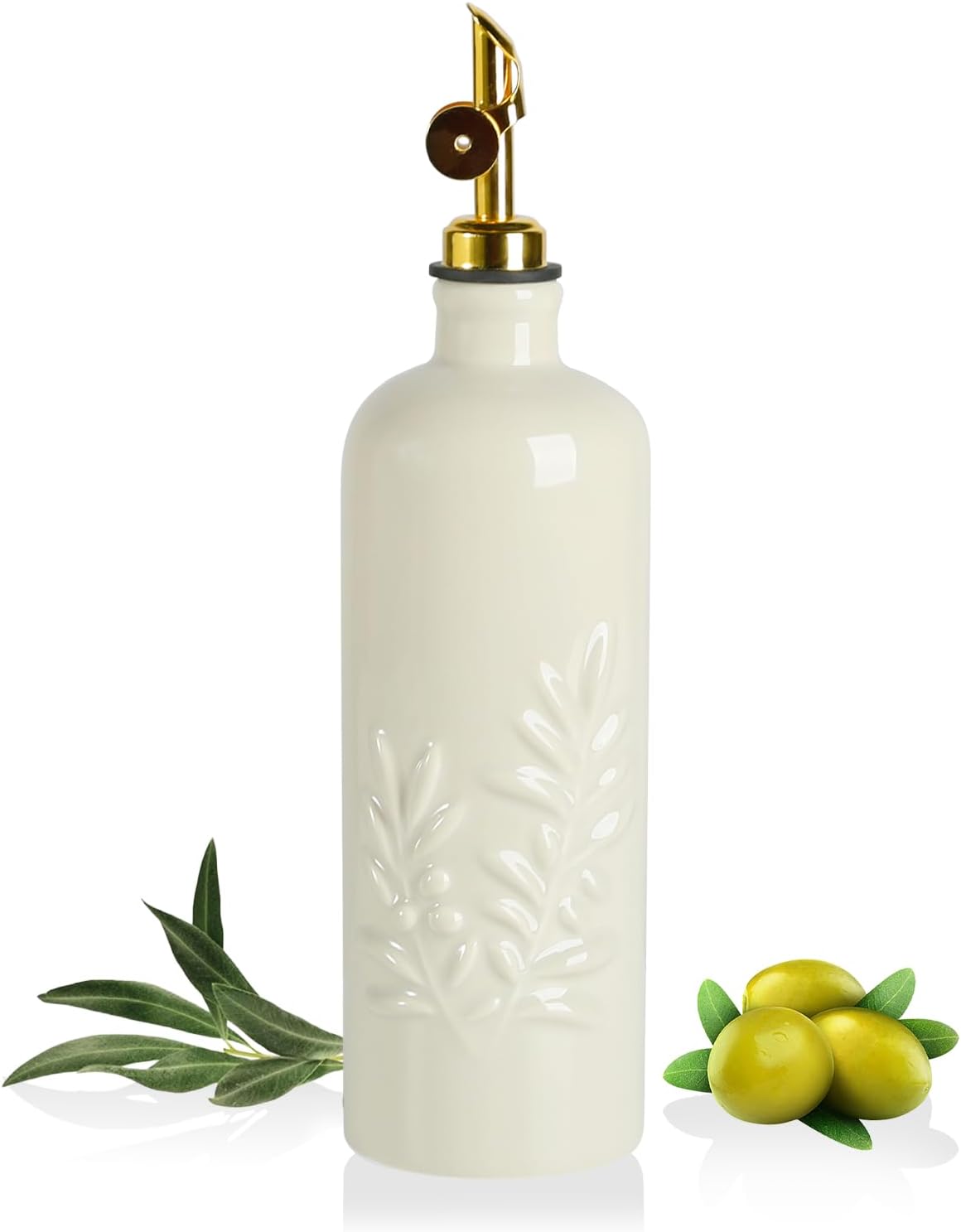 Sweejar Ceramic Olive Oil Dispenser Bottle, 17 FLOZ Oil Bottle with Spout，Porcelain Oil Dispenser for Kitchen,Cooking, Evoo, Vinegar, Soy Sauce, Pack of 1 (Beige)