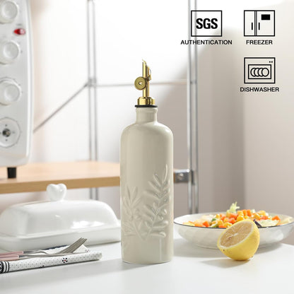 Sweejar Ceramic Olive Oil Dispenser Bottle, 17 FLOZ Oil Bottle with Spout，Porcelain Oil Dispenser for Kitchen,Cooking, Evoo, Vinegar, Soy Sauce, Pack of 1 (Beige)