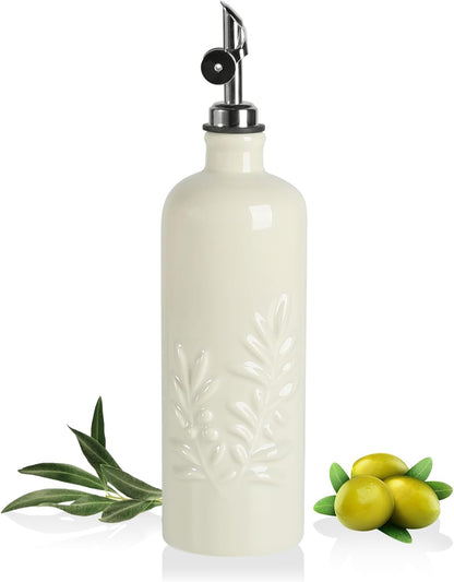 Sweejar Ceramic Olive Oil Dispenser Bottle, 17 FLOZ Oil Bottle with Spout，Porcelain Oil Dispenser for Kitchen,Cooking, Evoo, Vinegar, Soy Sauce, Pack of 1 (Beige)