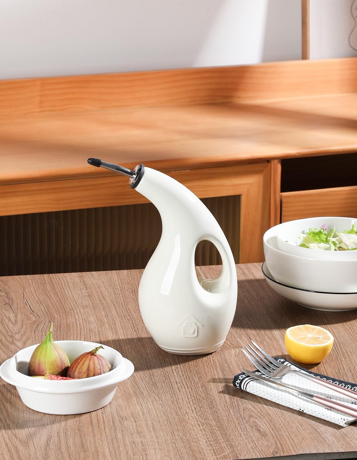 Sweejar Ceramic Olive Oil Dispenser Bottle, 17 FLOZ Oil Bottle with Spout，Porcelain Oil Dispenser for Kitchen,Cooking, Evoo, Vinegar, Soy Sauce, Pack of 1 (Beige)