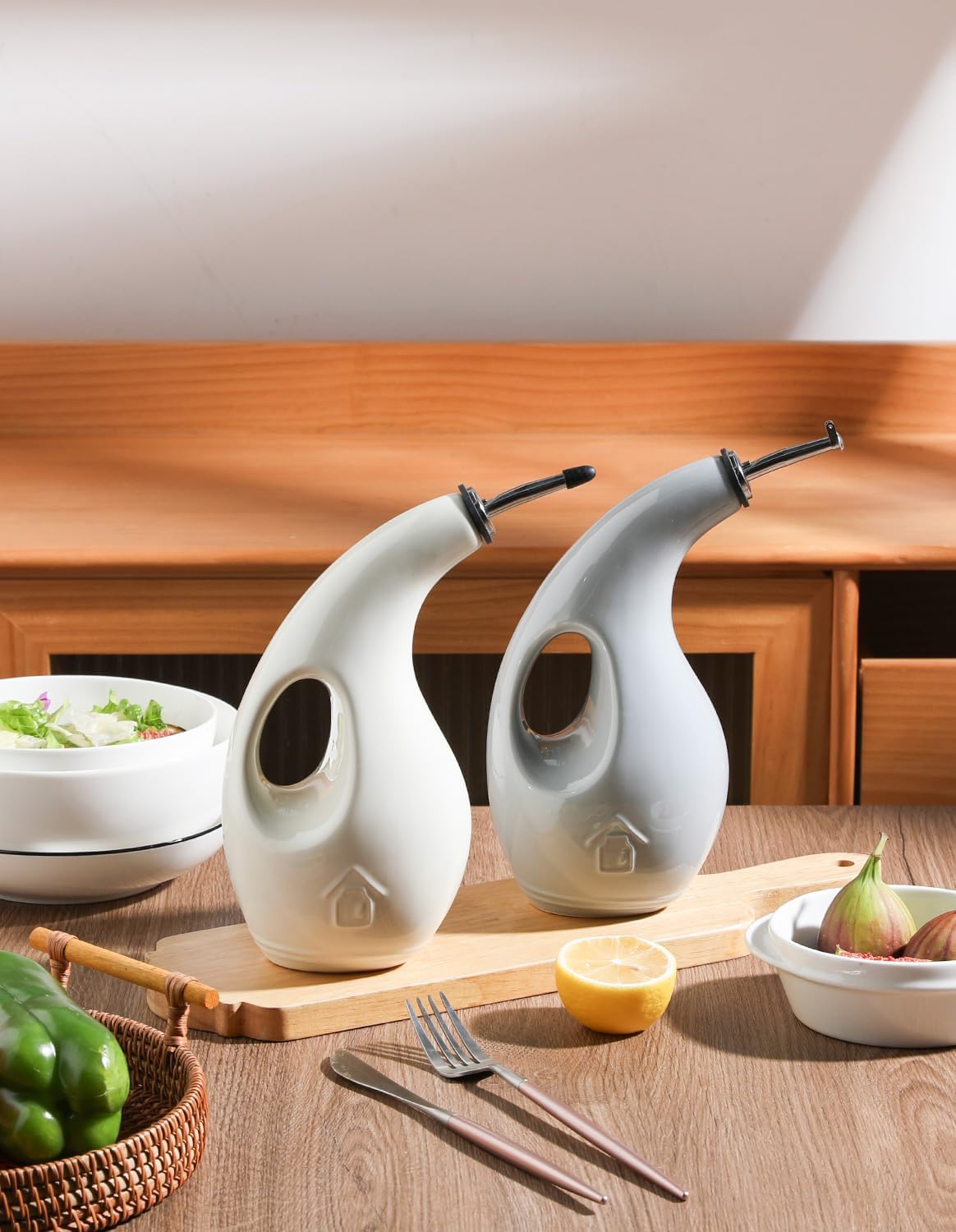 Sweejar Ceramic Olive Oil Dispenser Bottle, 17 FLOZ Oil Bottle with Spout，Porcelain Oil Dispenser for Kitchen,Cooking, Evoo, Vinegar, Soy Sauce, Pack of 1 (Beige)
