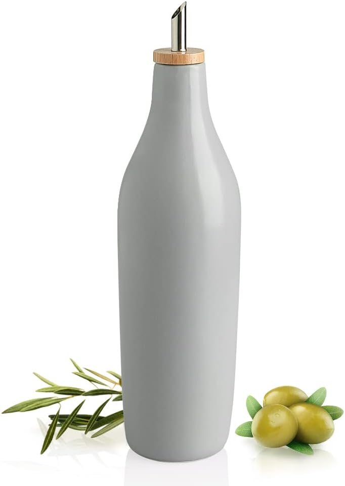 Sweejar Ceramic Olive Oil Dispenser Bottle, 17 FLOZ Oil Bottle with Spout，Porcelain Oil Dispenser for Kitchen,Cooking, Evoo, Vinegar, Soy Sauce, Pack of 1 (Beige)
