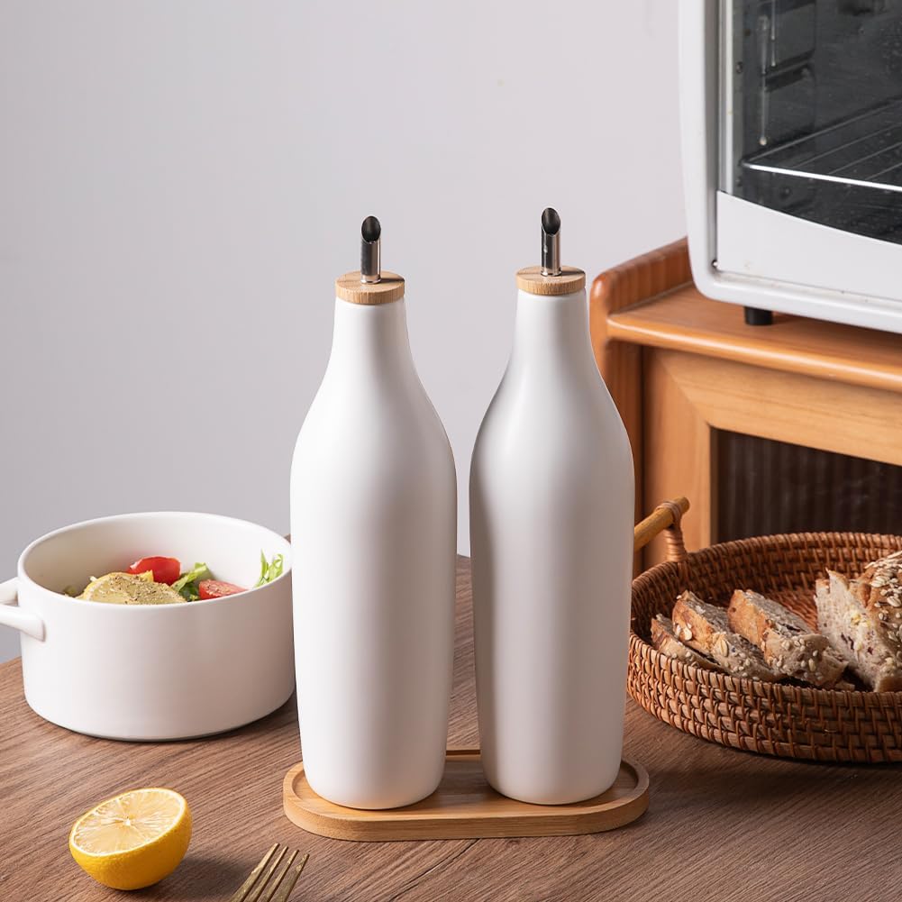 Sweejar Ceramic Olive Oil Dispenser Bottle, 17 FLOZ Oil Bottle with Spout，Porcelain Oil Dispenser for Kitchen,Cooking, Evoo, Vinegar, Soy Sauce, Pack of 1 (Beige)