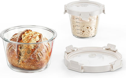 Premium Sourdough Starter & Dough Proofing Set, 2-Piece Borosilicate Glass Containers with Airtight Lids, Wide Mouth Measuring Bowls for Baking & Fermentation, Microwave & Oven Safe (24oz & 71oz)