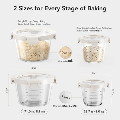 Premium Sourdough Starter & Dough Proofing Set, 2-Piece Borosilicate Glass Containers with Airtight Lids, Wide Mouth Measuring Bowls for Baking & Fermentation, Microwave & Oven Safe (24oz & 71oz)