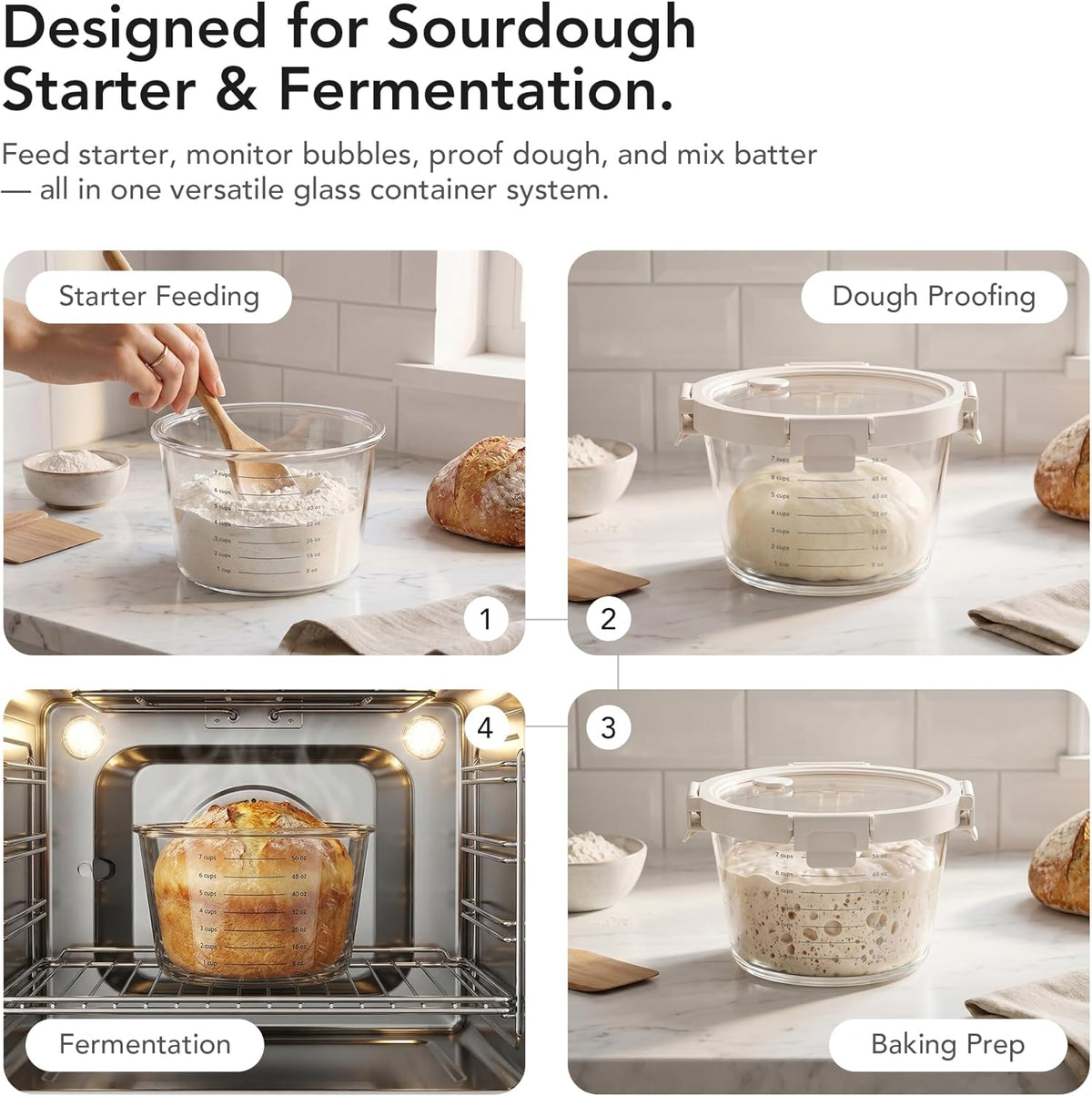 Premium Sourdough Starter & Dough Proofing Set, 2-Piece Borosilicate Glass Containers with Airtight Lids, Wide Mouth Measuring Bowls for Baking & Fermentation, Microwave & Oven Safe (24oz & 71oz)