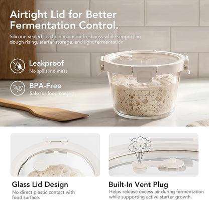 Premium Sourdough Starter & Dough Proofing Set, 2-Piece Borosilicate Glass Containers with Airtight Lids, Wide Mouth Measuring Bowls for Baking & Fermentation, Microwave & Oven Safe (24oz & 71oz)