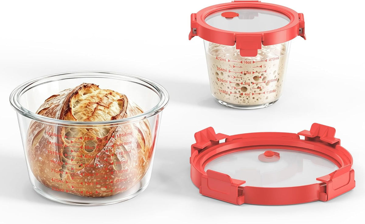 Premium Sourdough Starter & Dough Proofing Set, 2-Piece Borosilicate Glass Containers with Airtight Lids, Wide Mouth Measuring Bowls for Baking & Fermentation, Microwave & Oven Safe (24oz & 71oz)