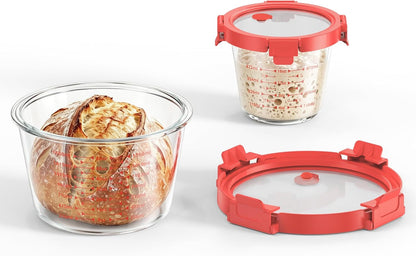 Premium Sourdough Starter & Dough Proofing Set, 2-Piece Borosilicate Glass Containers with Airtight Lids, Wide Mouth Measuring Bowls for Baking & Fermentation, Microwave & Oven Safe (24oz & 71oz)