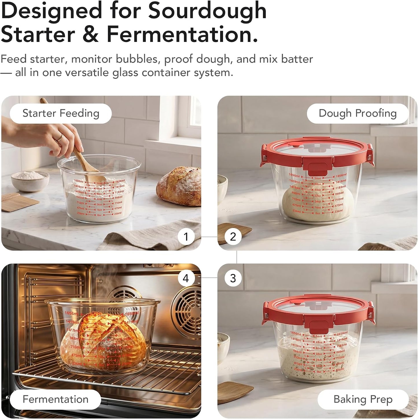 Premium Sourdough Starter & Dough Proofing Set, 2-Piece Borosilicate Glass Containers with Airtight Lids, Wide Mouth Measuring Bowls for Baking & Fermentation, Microwave & Oven Safe (24oz & 71oz)