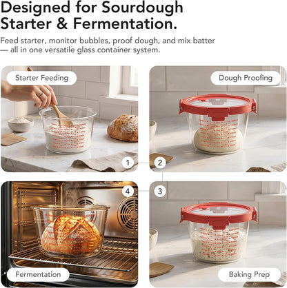Premium Sourdough Starter & Dough Proofing Set, 2-Piece Borosilicate Glass Containers with Airtight Lids, Wide Mouth Measuring Bowls for Baking & Fermentation, Microwave & Oven Safe (24oz & 71oz)