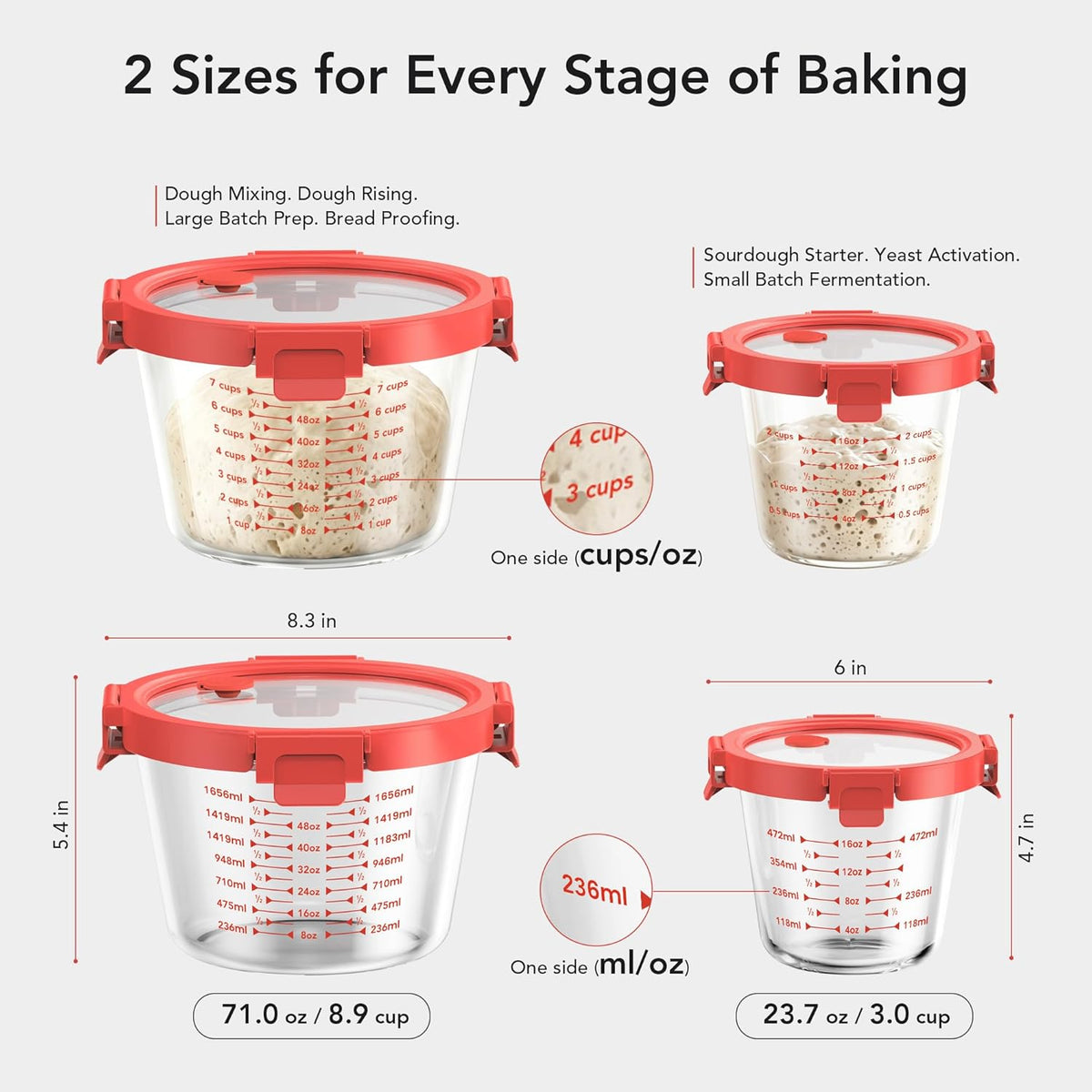 Premium Sourdough Starter & Dough Proofing Set, 2-Piece Borosilicate Glass Containers with Airtight Lids, Wide Mouth Measuring Bowls for Baking & Fermentation, Microwave & Oven Safe (24oz & 71oz)