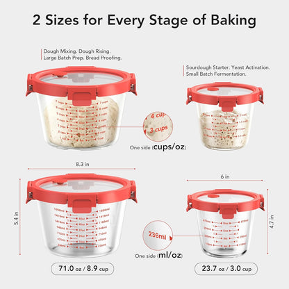 Premium Sourdough Starter & Dough Proofing Set, 2-Piece Borosilicate Glass Containers with Airtight Lids, Wide Mouth Measuring Bowls for Baking & Fermentation, Microwave & Oven Safe (24oz & 71oz)
