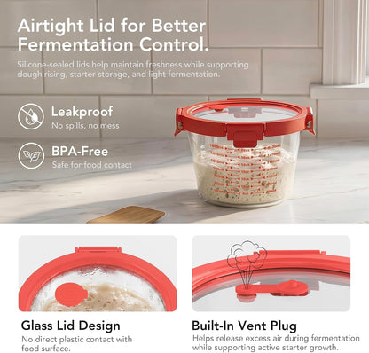 Premium Sourdough Starter & Dough Proofing Set, 2-Piece Borosilicate Glass Containers with Airtight Lids, Wide Mouth Measuring Bowls for Baking & Fermentation, Microwave & Oven Safe (24oz & 71oz)