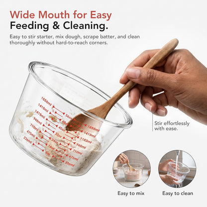 Premium Sourdough Starter & Dough Proofing Set, 2-Piece Borosilicate Glass Containers with Airtight Lids, Wide Mouth Measuring Bowls for Baking & Fermentation, Microwave & Oven Safe (24oz & 71oz)