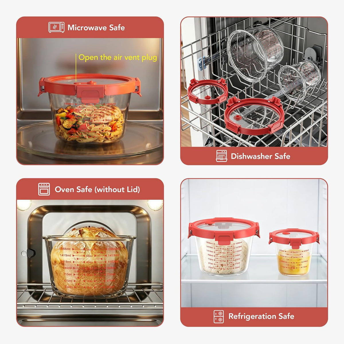 Premium Sourdough Starter & Dough Proofing Set, 2-Piece Borosilicate Glass Containers with Airtight Lids, Wide Mouth Measuring Bowls for Baking & Fermentation, Microwave & Oven Safe (24oz & 71oz)