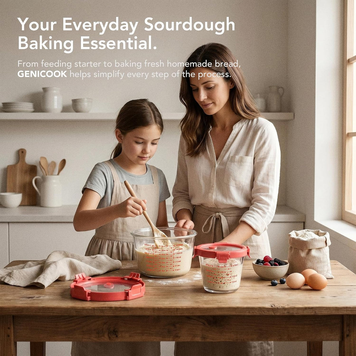 Premium Sourdough Starter & Dough Proofing Set, 2-Piece Borosilicate Glass Containers with Airtight Lids, Wide Mouth Measuring Bowls for Baking & Fermentation, Microwave & Oven Safe (24oz & 71oz)