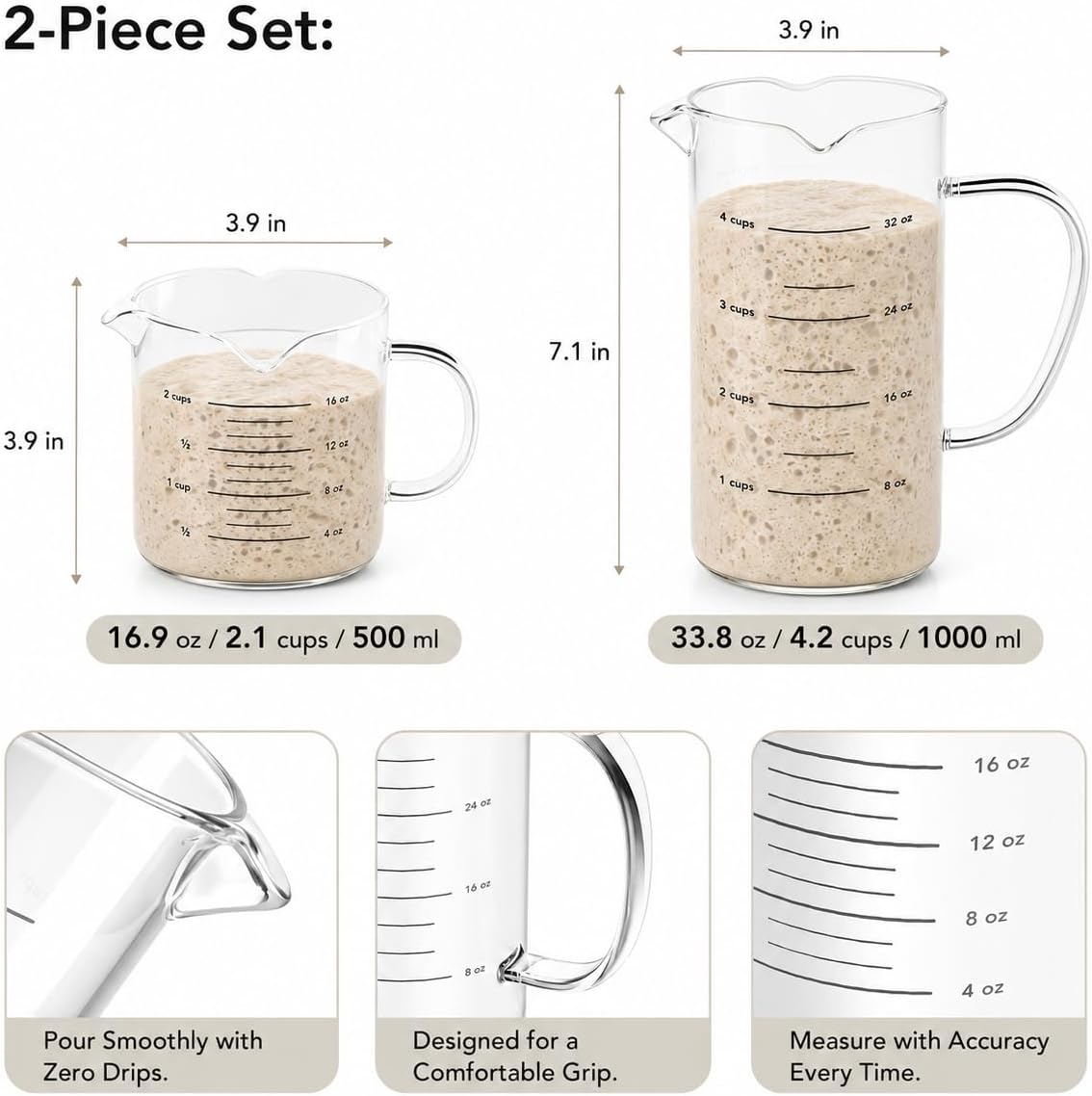 Premium Sourdough Starter & Dough Proofing Set, 2-Piece Borosilicate Glass Containers with Airtight Lids, Wide Mouth Measuring Bowls for Baking & Fermentation, Microwave & Oven Safe (24oz & 71oz)