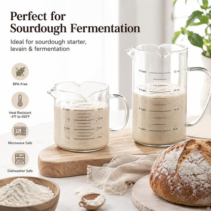 Premium Sourdough Starter & Dough Proofing Set, 2-Piece Borosilicate Glass Containers with Airtight Lids, Wide Mouth Measuring Bowls for Baking & Fermentation, Microwave & Oven Safe (24oz & 71oz)