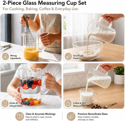 Premium Sourdough Starter & Dough Proofing Set, 2-Piece Borosilicate Glass Containers with Airtight Lids, Wide Mouth Measuring Bowls for Baking & Fermentation, Microwave & Oven Safe (24oz & 71oz)