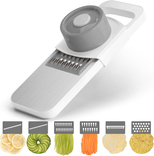 Multifunctional Mandoline Slicer Stainless Steel Surface - Interchangeable 6 Blades, Magnetic Back Handheld Vegetable Cutter with Hand Guard for Kitchen, Onion, Garlic, Safe Food Slicer