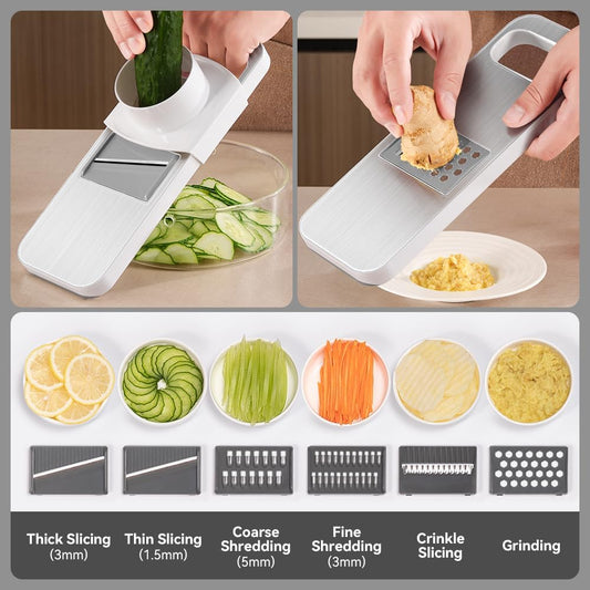 Multifunctional Mandoline Slicer Stainless Steel Surface - Interchangeable 6 Blades, Magnetic Back Handheld Vegetable Cutter with Hand Guard for Kitchen, Onion, Garlic, Safe Food Slicer