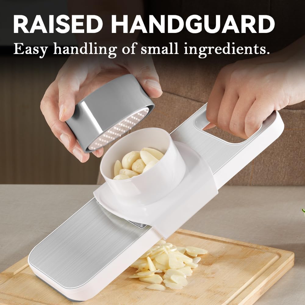 Multifunctional Mandoline Slicer Stainless Steel Surface - Interchangeable 6 Blades, Magnetic Back Handheld Vegetable Cutter with Hand Guard for Kitchen, Onion, Garlic, Safe Food Slicer