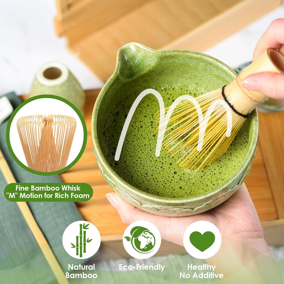 Matcha Whisk Set, 7 Pcs Green Matcha Kit with Bamboo Whisk(Chasen) and Holder, Ceramic Matcha Bowl with Spout, Japanese Tea Set with Matcha Sifter and Scoop