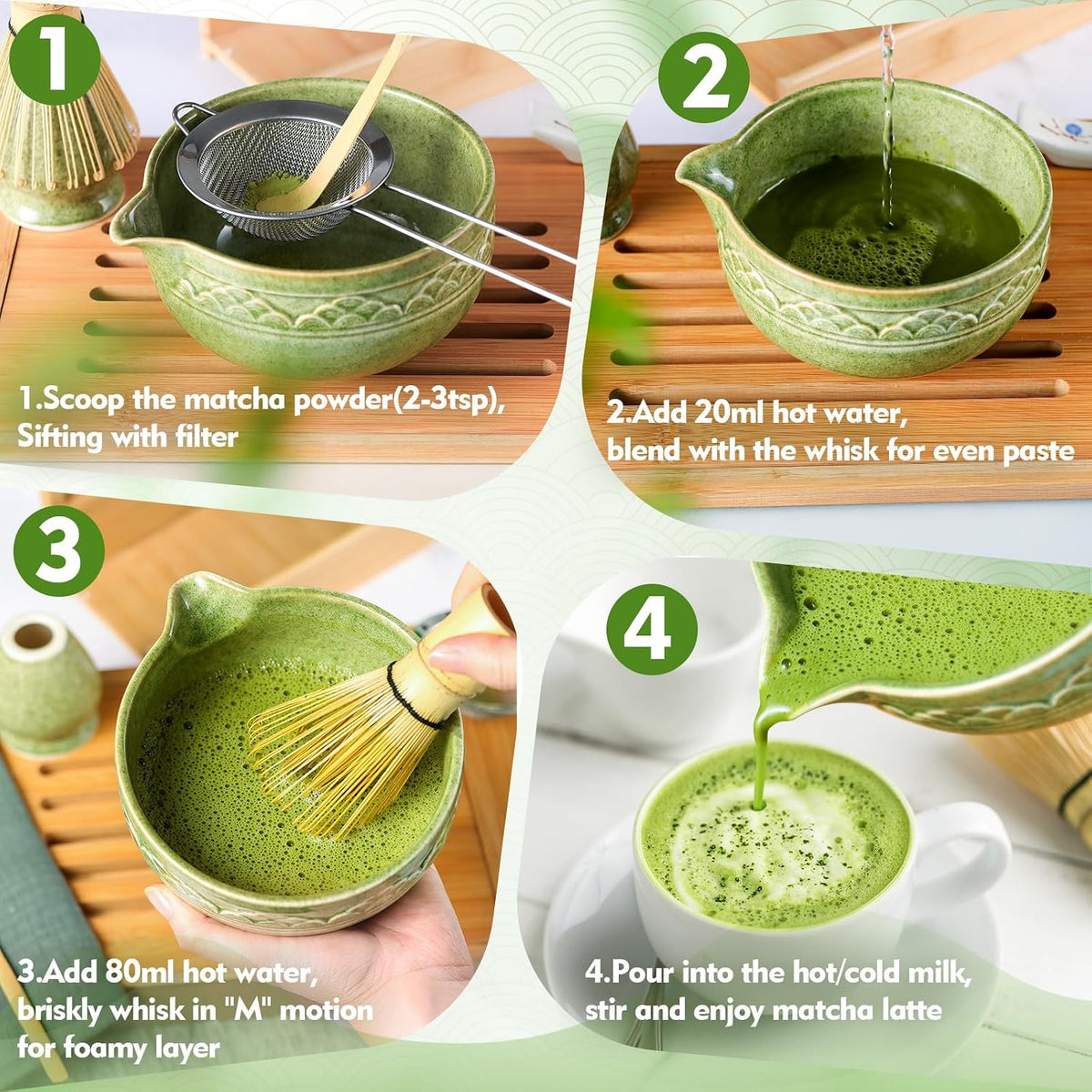 Matcha Whisk Set, 7 Pcs Green Matcha Kit with Bamboo Whisk(Chasen) and Holder, Ceramic Matcha Bowl with Spout, Japanese Tea Set with Matcha Sifter and Scoop