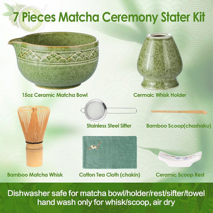 Matcha Whisk Set, 7 Pcs Green Matcha Kit with Bamboo Whisk(Chasen) and Holder, Ceramic Matcha Bowl with Spout, Japanese Tea Set with Matcha Sifter and Scoop