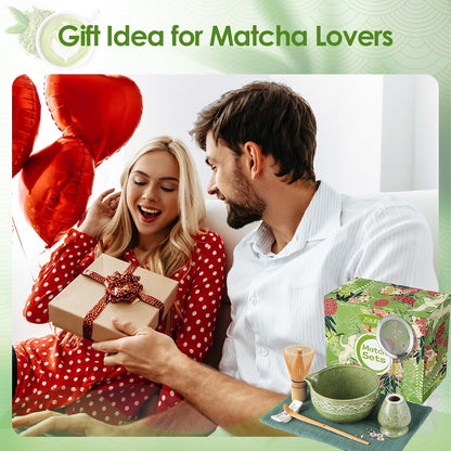 Matcha Whisk Set, 7 Pcs Green Matcha Kit with Bamboo Whisk(Chasen) and Holder, Ceramic Matcha Bowl with Spout, Japanese Tea Set with Matcha Sifter and Scoop