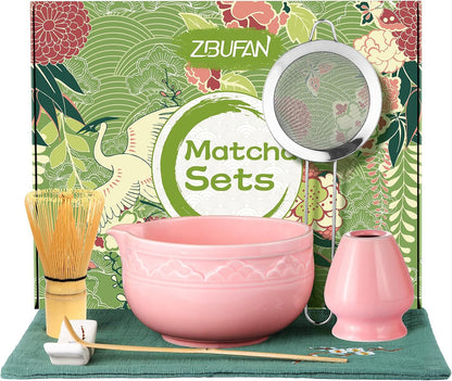 Matcha Whisk Set, 7 Pcs Green Matcha Kit with Bamboo Whisk(Chasen) and Holder, Ceramic Matcha Bowl with Spout, Japanese Tea Set with Matcha Sifter and Scoop