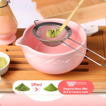 Matcha Whisk Set, 7 Pcs Green Matcha Kit with Bamboo Whisk(Chasen) and Holder, Ceramic Matcha Bowl with Spout, Japanese Tea Set with Matcha Sifter and Scoop