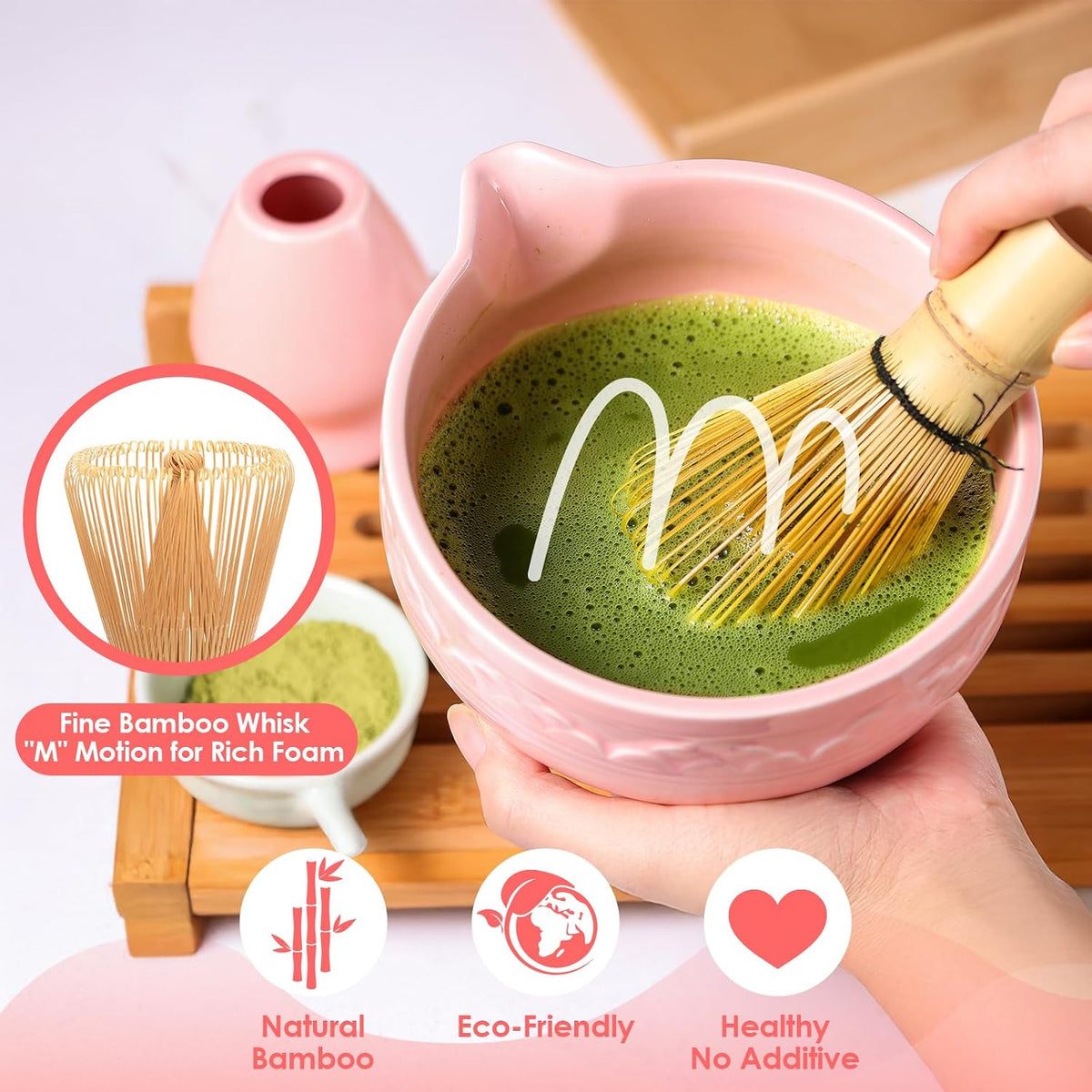 Matcha Whisk Set, 7 Pcs Green Matcha Kit with Bamboo Whisk(Chasen) and Holder, Ceramic Matcha Bowl with Spout, Japanese Tea Set with Matcha Sifter and Scoop