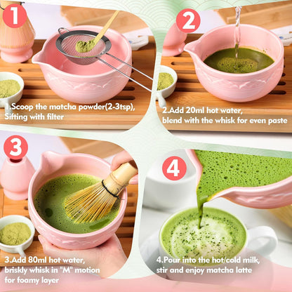 Matcha Whisk Set, 7 Pcs Green Matcha Kit with Bamboo Whisk(Chasen) and Holder, Ceramic Matcha Bowl with Spout, Japanese Tea Set with Matcha Sifter and Scoop