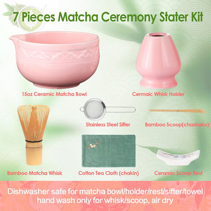 Matcha Whisk Set, 7 Pcs Green Matcha Kit with Bamboo Whisk(Chasen) and Holder, Ceramic Matcha Bowl with Spout, Japanese Tea Set with Matcha Sifter and Scoop