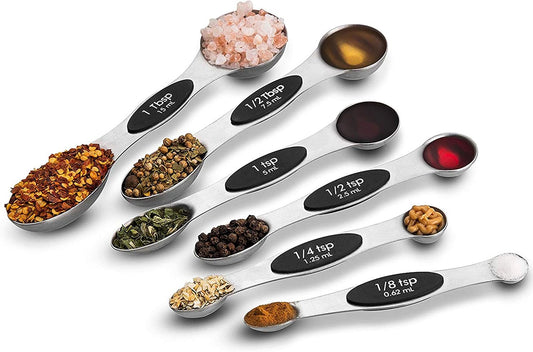 NutriChef 6-Piece Magnetic Measuring Spoon Set - Stainless Steel Stackable Dual Sided Nesting Teaspoon to Tablespoon For Dry & Liquid Ingredients, Stylish, Rustproof & Easy-to-Clean - Silver